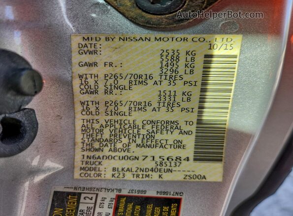 1N6AD0CU0GN715684 2016 NISSAN FRONTIER Серебряный Вид наклейки с VIN-кодом