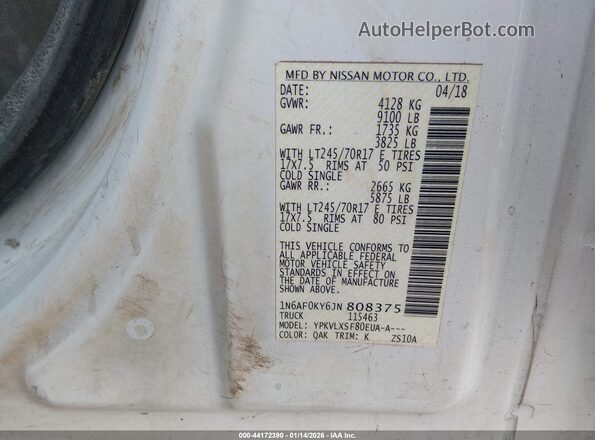 1N6AF0KY6JN808375 2018 NISSAN NV CARGO NV2500 HD White Engine compartment view