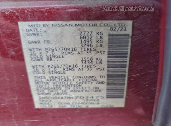 1N6ED0EB7MN703475 2021 NISSAN FRONTIER Burgundy Widok komory silnika