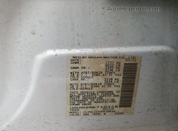 1N6ED0EB9MN710458 2021 NISSAN FRONTIER White ძრავის განყოფილების ხედი