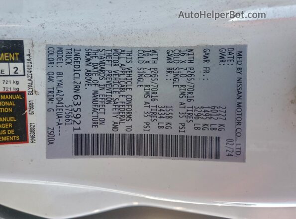1N6ED1CL2RN635921 2024 NISSAN FRONTIER Белый Вид наклейки с VIN-кодом