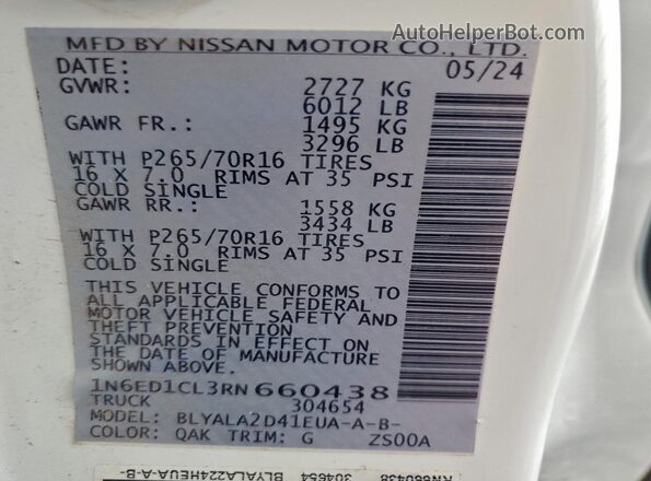 1N6ED1CL3RN660438 2024 NISSAN FRONTIER White Вид наклейки з VIN-кодом