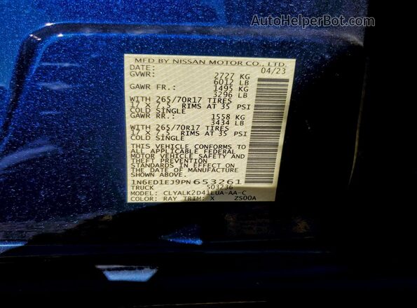 1N6ED1EJ9PN653261 2023 NISSAN FRONTIER Синий Вид наклейки с VIN-кодом