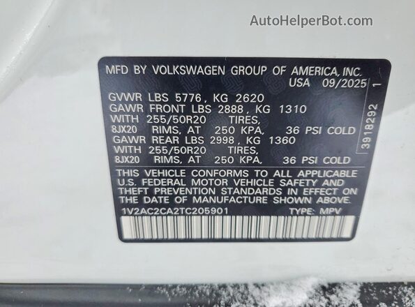 1V2AC2CA2TC205901 2026 VOLKSWAGEN ATLAS White Панорамний вид салону 360°
