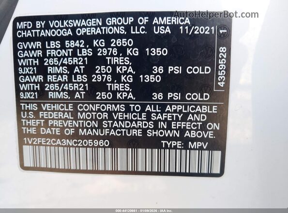 1V2FE2CA3NC205960 2022 VOLKSWAGEN ATLAS Белый Вид подкапотного пространства