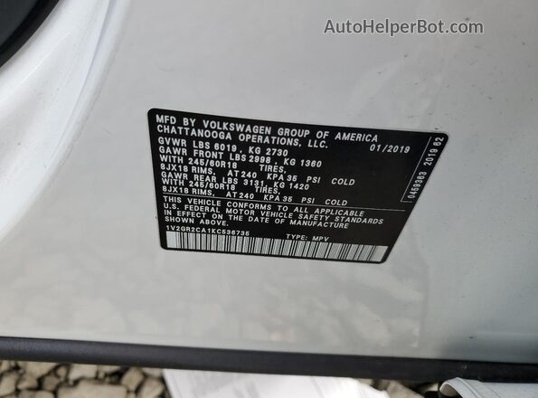 1V2GR2CA1KC536735 2019 VOLKSWAGEN ATLAS White Вид наклейки з VIN-кодом