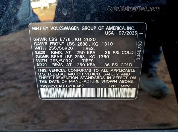 1V2HC2CA0TC200467 2026 VOLKSWAGEN ATLAS Черный Панорамный вид салона 360°