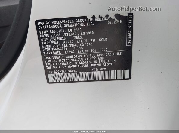 1V2SR2CA2KC588692 2019 VOLKSWAGEN ATLAS Белый Вид подкапотного пространства