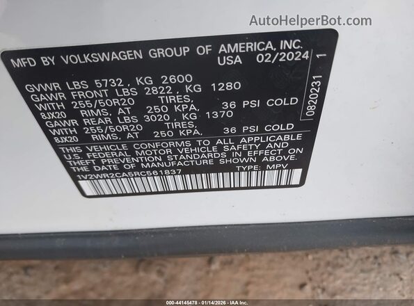 1V2WR2CA5RC561837 2024 VOLKSWAGEN ATLAS Белый Вид подкапотного пространства
