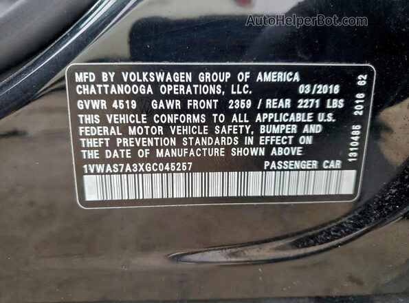 1VWAS7A3XGC045257 2016 VOLKSWAGEN PASSAT Черный Вид подкапотного пространства