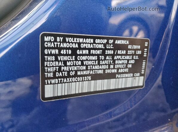 1VWBT7A3XGC031375 2016 VOLKSWAGEN PASSAT Синий Вид подкапотного пространства