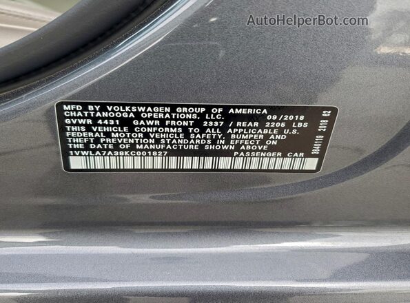 1VWLA7A38KC001827 2019 VOLKSWAGEN PASSAT Серый Вид наклейки с VIN-кодом