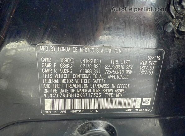 3CZRU6H1XKG717333 2019 HONDA HR-V Черный Вид наклейки с VIN-кодом