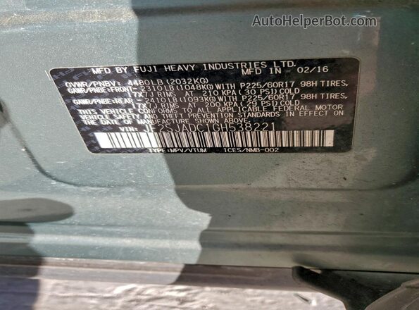 JF2SJADC1GH538221 2016 SUBARU FORESTER 2.5 Зеленый Вид наклейки с VIN-кодом