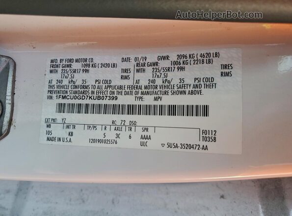 1FMCU0GD7KUB07399 2019 FORD ESCAPE White Vista de la etiqueta del VIN