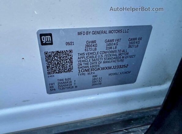 1GNERGKWXMJ233252 2021 CHEVROLET TRAVERSE White Սալոնի հետևի տեսք