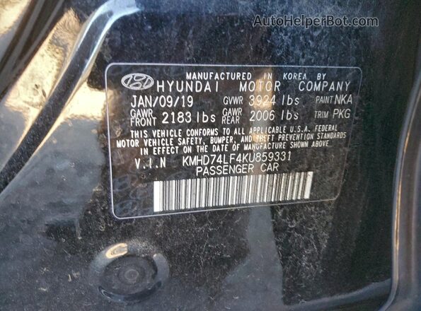 KMHD74LF4KU859331 2019 HYUNDAI ELANTRA Black Vista de la etiqueta del VIN