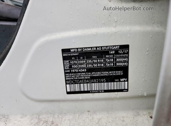 WDCTG4EB4JJ482195 2018 MERCEDES-BENZ GLA Белый Панорамный вид салона 360°