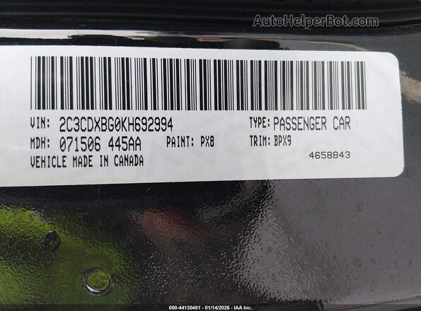 2C3CDXBG0KH692994 2019 DODGE CHARGER Black Widok komory silnika