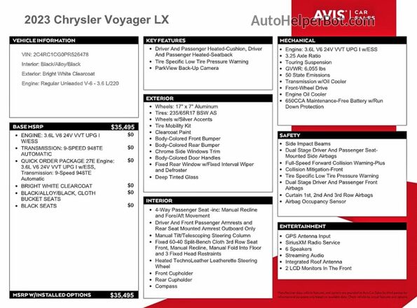 2C4RC1CG0PR526478 2023 CHRYSLER VOYAGER White Widok naklejki z numerem VIN