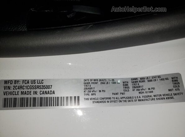 2C4RC1CG5SR535007 2025 CHRYSLER VOYAGER Белый Вид наклейки с VIN-кодом