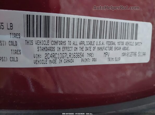 2C4RC1DG7LR163654 2020 CHRYSLER VOYAGER Burgundy ძრავის განყოფილების ხედი