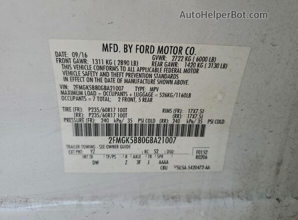 2FMGK5B80GBA21007 2016 FORD FLEX Белый Панорамный вид салона 360°