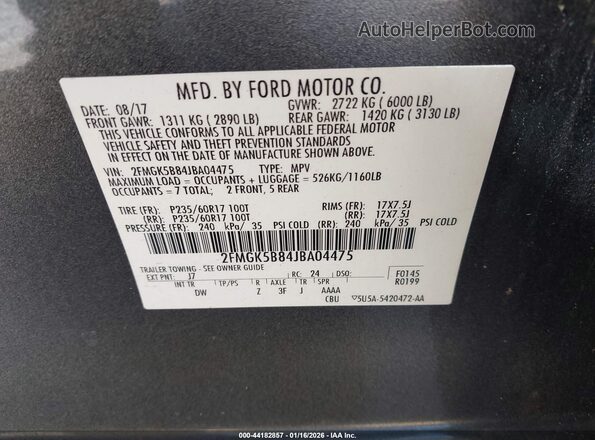 2FMGK5B84JBA04475 2018 FORD FLEX Серый Вид подкапотного пространства