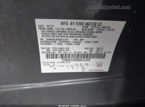 2FMGK5C82KBA16592 2019 FORD FLEX Gray Widok komory silnika