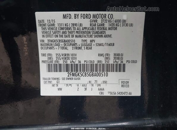 2FMGK5C85GBA00510 2016 FORD FLEX Black Widok komory silnika