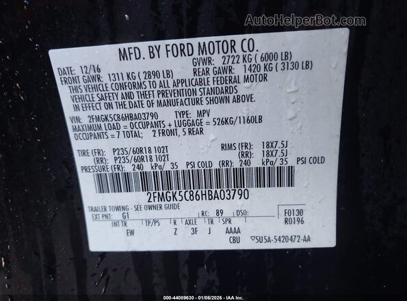 2FMGK5C86HBA03790 2017 FORD FLEX Черный Вид подкапотного пространства