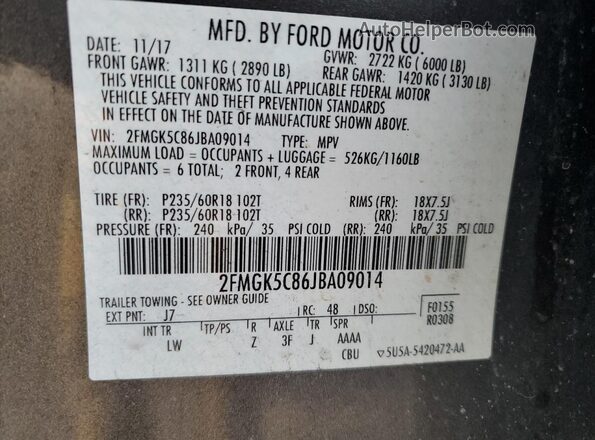 2FMGK5C86JBA09014 2018 FORD FLEX Серый Вид наклейки с VIN-кодом