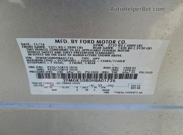 2FMGK5D80HBA01726 2017 FORD FLEX Silver 360 interior view