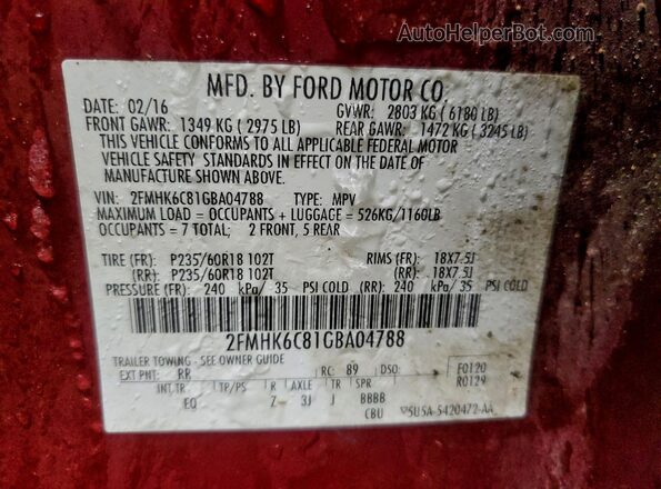 2FMHK6C81GBA04788 2016 FORD FLEX Красный Вид наклейки с VIN-кодом