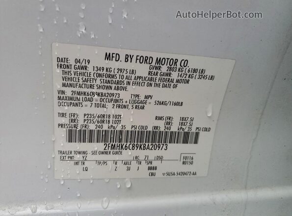 2FMHK6C89KBA20973 2019 FORD FLEX Белый Вид подкапотного пространства