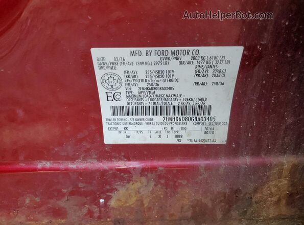 2FMHK6D80GBA03405 2016 FORD FLEX Красный Вид наклейки с VIN-кодом