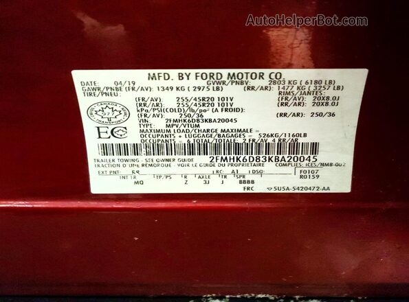 2FMHK6D83KBA20045 2019 FORD FLEX Burgundy Widok naklejki z numerem VIN