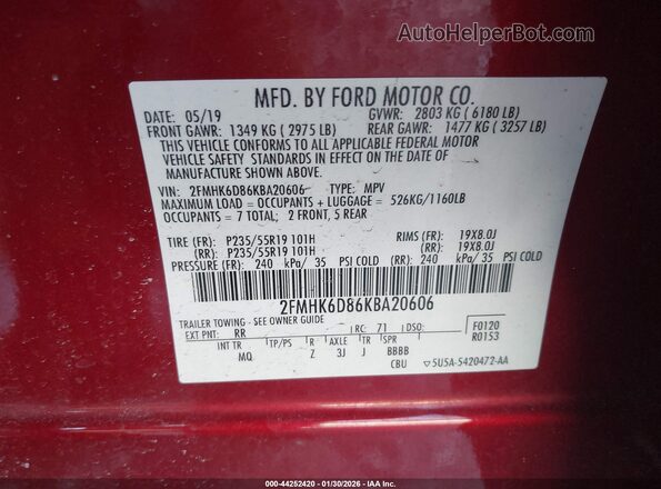 2FMHK6D86KBA20606 2019 FORD FLEX Красный Вид подкапотного пространства