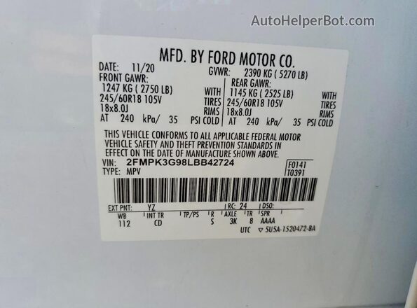 2FMPK3G98LBB42724 2020 FORD EDGE Белый Вид наклейки с VIN-кодом