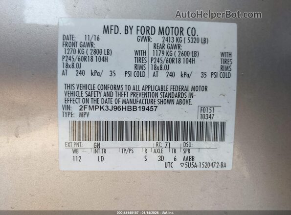 2FMPK3J96HBB19457 2017 FORD EDGE Champagne Вид подкапотного пространства