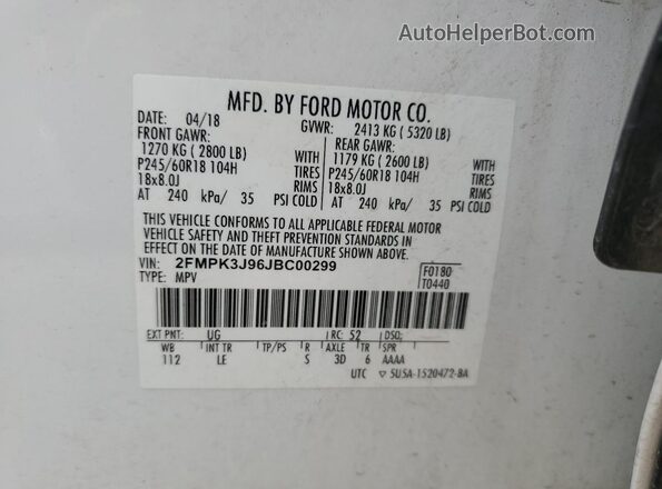 2FMPK3J96JBC00299 2018 FORD EDGE Белый Вид наклейки с VIN-кодом