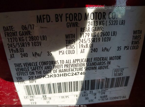 2FMPK3K93HBC24746 2017 FORD EDGE Бордовый Вид подкапотного пространства
