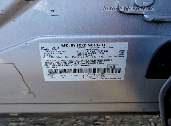 2FMPK4AP1GBC38049 2016 FORD EDGE Серебряный Вид наклейки с VIN-кодом