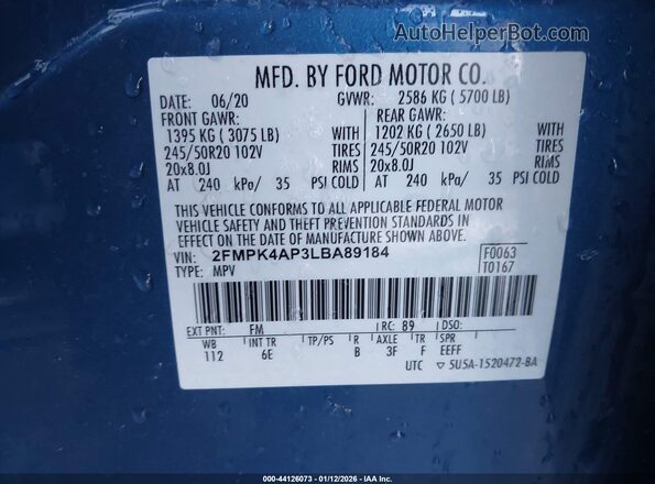 2FMPK4AP3LBA89184 2020 FORD EDGE Black ძრავის განყოფილების ხედი