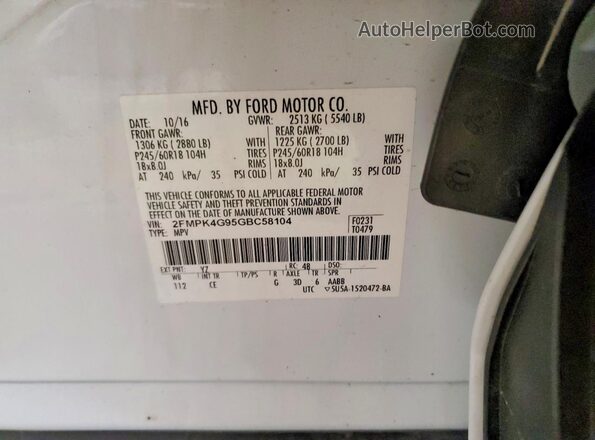 2FMPK4G95GBC58104 2016 FORD EDGE Белый Панорамный вид салона 360°