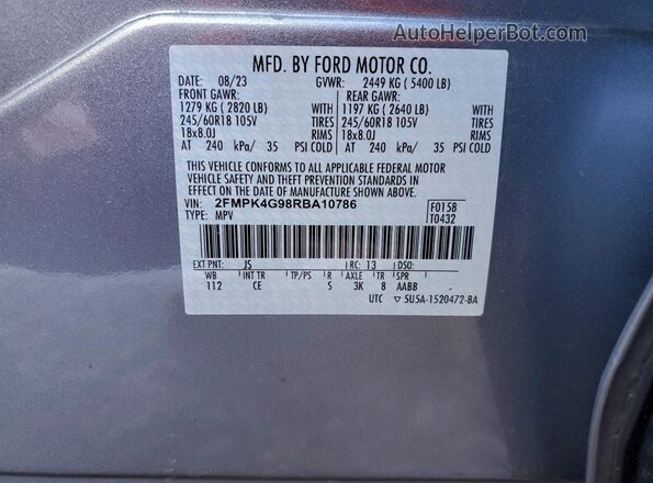 2FMPK4G98RBA10786 2024 FORD EDGE Silver Vista de la etiqueta del VIN
