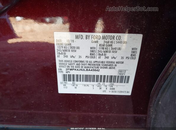 2FMPK4J92LBA45842 2020 FORD EDGE Темно-бордовый Вид подкапотного пространства