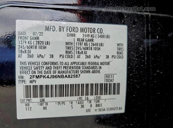 2FMPK4J96NBA82587 2022 FORD EDGE Black VIN sticker view
