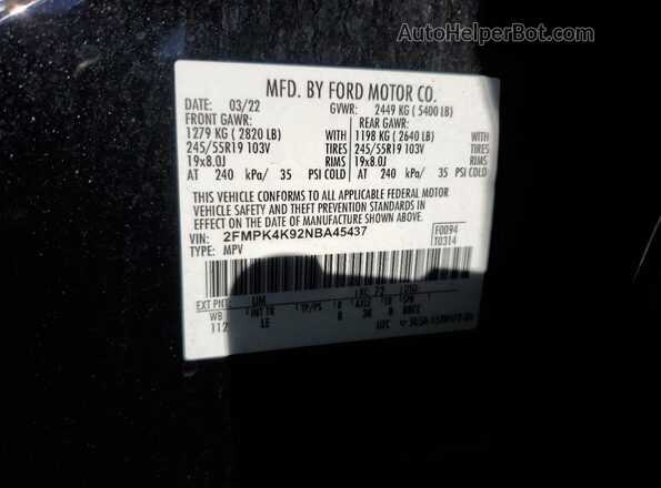 2FMPK4K92NBA45437 2022 FORD EDGE Черный Вид наклейки с VIN-кодом