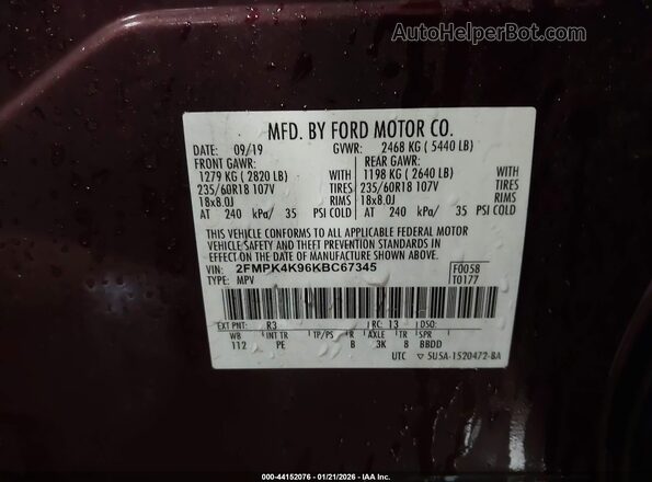 2FMPK4K96KBC67345 2019 FORD EDGE Темно-бордовый Вид подкапотного пространства